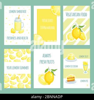 Fresh lemon cards. Lemonade and lemon citric juice with sliced and fresh fruits. Vector retro template Stock Vector