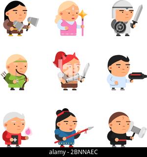 Game fantasy characters. Computer 2d gaming fairy tale mascot sprite cartoons knight soldiers elf rpg shooter vector Stock Vector