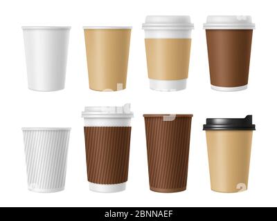 Disposable coffee cup. Blank vector template of hot coffee white paper mug. Realistic illustrations of coffee cup 3D mockup Stock Vector