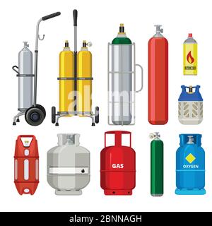 Gas cylinders. Butane helium acetylene propane metal tank cylinder petroleum station tools vector illustrations Stock Vector