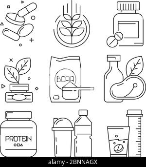 Sport medication icons. Whey multivitamin pills drinks supplement dietary fitness food vector linear symbols Stock Vector