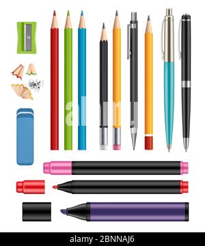 Pen and pencils. Office stationery school colored items of education help vector 3d realistic collection of plastic pen wooden pencils Stock Vector