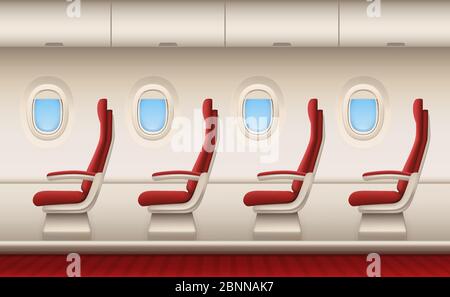 Passenger plane interior. Aircraft cabin with white closeup windows portholes plane inside comfort chairs vector realistic background Stock Vector