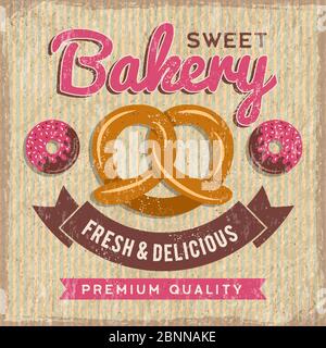 Bakery poster design. Bread and donuts with cupcakes fresh foods vector illustration for vintage placard of bakery shop or market Stock Vector