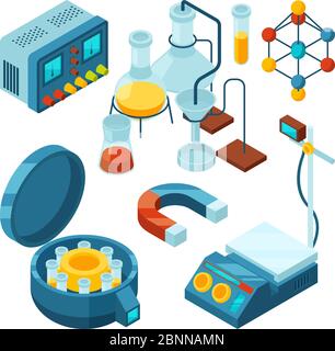 Science isometric. Chemical supporting laboratory testing biology attributes scientific glass tubes drugs microscope vector 3d pictures Stock Vector