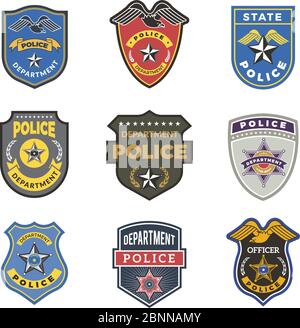 Police badges. Security signs and symbols government department officer law enforcement vector logotypes Stock Vector