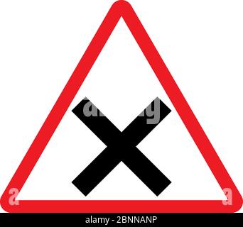 Cross road traffic warning sign vector illustration. Red triangle background. Stock Vector