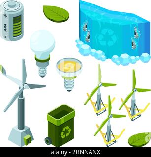 Green saving energy. Hydro power turbines ecosystem waste technology vector isometric illustrations Stock Vector