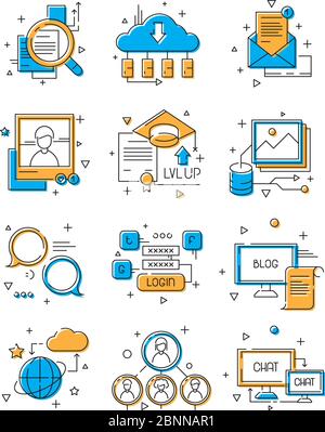 Digital media icons. Social marketing, community people group to web talk mobile connection illustrative colored line vector symbols Stock Vector