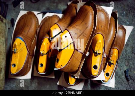 Making shoes - shoemaker craftsmanship, Morocco Stock Photo
