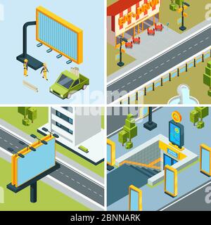 Urban advertising boards. Outdoor placard led panels billboards at streets landscapes vector isometric concept pictures Stock Vector