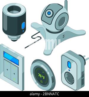 Smart home tools. Various electrical web equipment for house security camcorder movement sensors hub electrical vector isometric Stock Vector