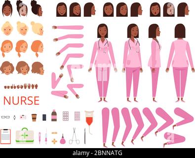 Female doctor animation. Nurse hospital character body parts and clothes healthcare mascot creation kit vector Stock Vector