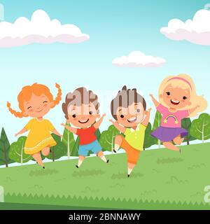 Party jummping characters. Cute happy childrens jump and playing at playground or urban park vector cartoon characters isolated Stock Vector