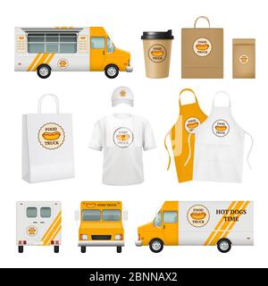 Food truck identity. Fast catering business tools for mobile restaurant delivery cards logos blank poster packages vector template Stock Vector