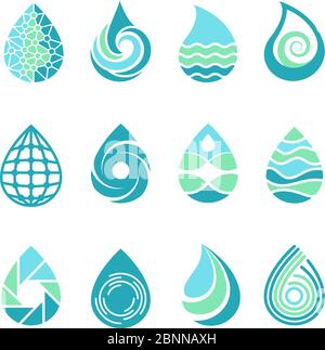Drops logos. Colored water aqua splashes nature symbols liquid food and oil vector template icons of drops for labels Stock Vector