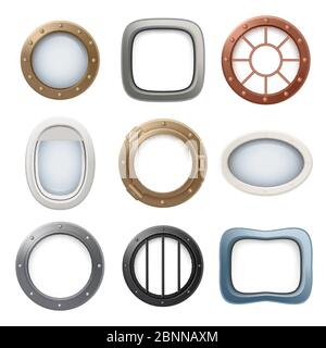 Plane window. Ship boat round glass portholes aircraft interior vector realistic 3d collection Stock Vector