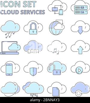 Cloud data icons. Global connection internet online secure technology web safety digital platform system vector symbols isolated Stock Vector