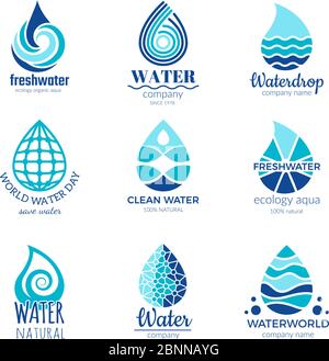 Water logos. Aqua water drops and splashes silhouette health rain spa vector symbols isolated with place for your text Stock Vector
