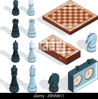 Chess board game. Strategical tactical entertainment checkmate rook pieces alcazar knight figures vector isometric Stock Vector