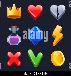 Game ui kit. Clever stars lock gold buttons colored items for web interface vector stylized icons Stock Vector