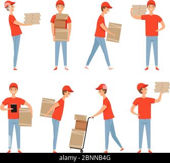 Delivery characters. Pizza food packages loader service man working in warehouse with cartoon boxes. Vector delivery mascot design Stock Vector