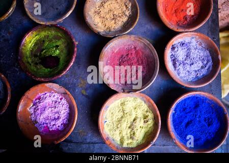 Colourful pigment dyes in bowls, Marrakesh, Morocco Stock Photo