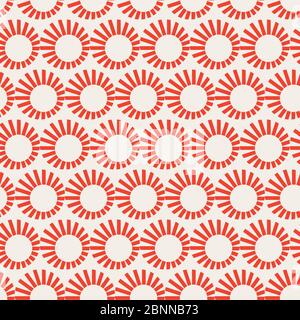 Abstract geometric sun seamless pattern vector background. Red, white color. Perfect for tiles,wallpaper, pattern fills, backgrounds,surface textures. Stock Vector