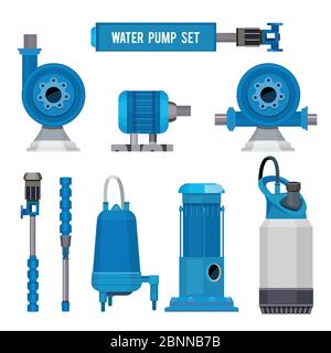 Water pumps. Industrial machinery electronic pump steel systems sewage aqua control station vector icons Stock Vector