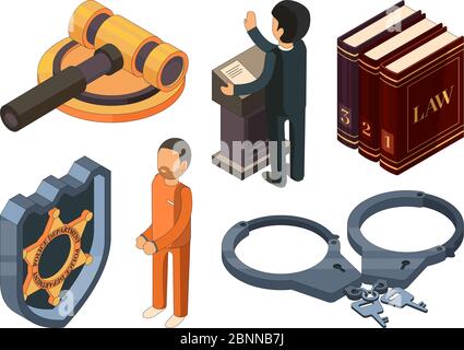 Law justice isometric. Legal hamer courtroom punishment prosecution 3d vector symbol isolated on white Stock Vector