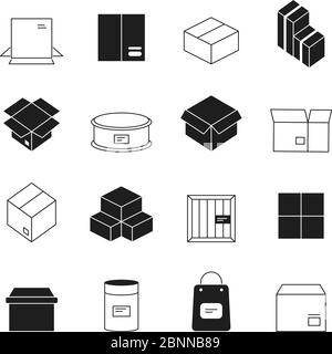 Box symbols. Wooden and cardboard stack export boxes opened and closed vector simple icon set Stock Vector