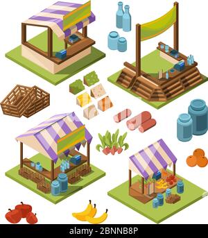 Local farm isometric. Food marketplaces with meat vegetables fish grocery country store vector pictures isolated Stock Vector