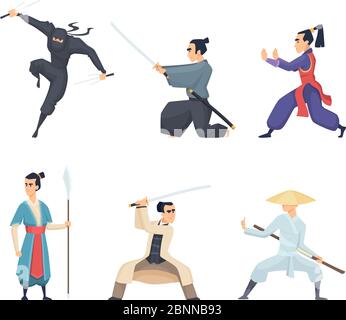 Asian fighter. Man holding katana traditional japan weapon sword samurai ninja vector characters isolated Stock Vector