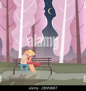 Happy lovers background. Funny dating couple sitting romantic environment st valentine holiday celebration vector cartoon illustration Stock Vector