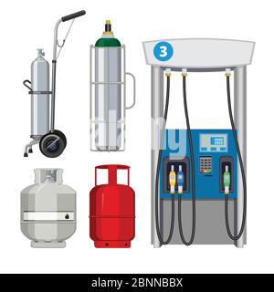 Gas station. Pumping petrol types metal tank cylinders vector illustrations of petrol pumps Stock Vector