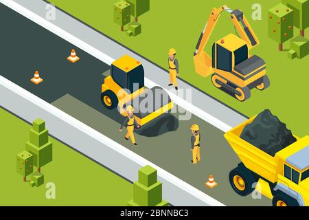Asphalt street roller. Urban paved road laying safety ground workers builders yellow machines isometric vector landscape Stock Vector