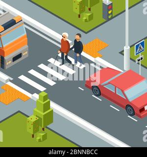 Care person crossing street. Urban city crosswalk of disabilities man with helper vector isometric concept Stock Vector