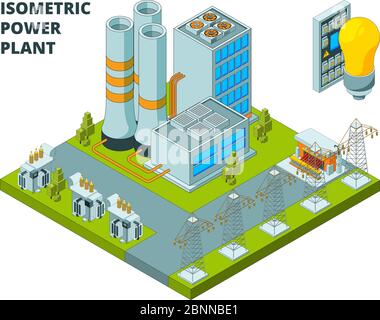 Electric power factory. Industrial electricity plant or station energy buildings vector 3d isometric pictures Stock Vector