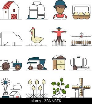 Farm symbols. Agricultural objects wheat field with farm machine combine on plantation vector linear icon Stock Vector