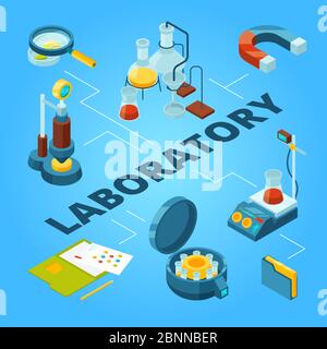 Science laboratory isometric. Biology or pharmaceutical lab with scientist workers vector 3d concept Stock Vector