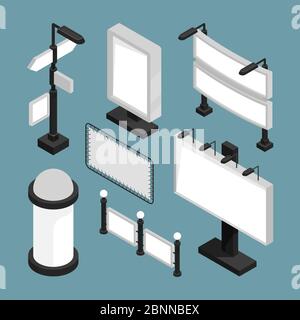 Town 3d billboards. Street signs banners boards blank publicity vector mockup isometric template for advertising Stock Vector