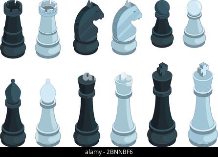 Chess isometric. Board game figures piece queen bishop strategy vector 3d pictures set isolated Stock Vector