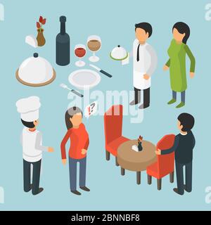 Restaurant people isometric. Cafe person event luxury lifestyle waiter food 3d vector pictures Stock Vector