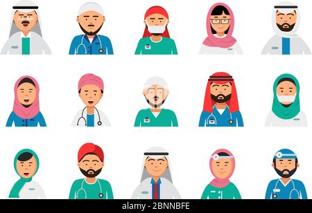 Arabic doctors avatars. Dentist nurses male and female arabic muslim islam hospital staff vector healthcare professions Stock Vector