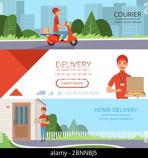 Pizza delivery banners. Fast food courier order moving mail shipping containers industry horizontal vector pictures for web Stock Vector