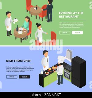 Restaurant interior. Food kitchen bar cafe showcase eating room dinning peoples fast food banners with vector pictures isometric Stock Vector