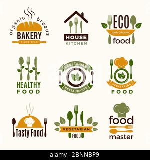 Food logos. Healthy kitchen restaurant buildings cooking house spoon and fork food vector symbols for design projects Stock Vector
