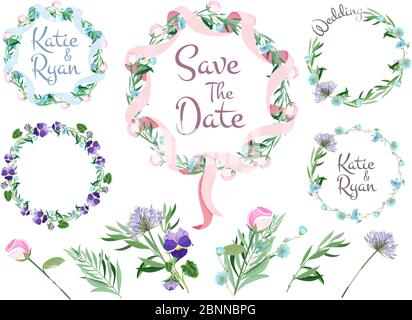 Floral branches frames. Flowering wreath ribbons hearts cute vector set for design greeting invitation cards Stock Vector