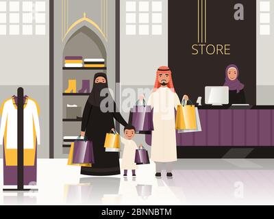 Saudi in market. Arabic family checkout in grocery store shop or supermarket pay money for foods vector cartoon background Stock Vector