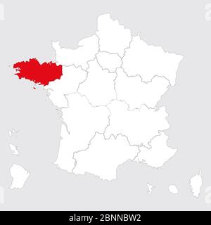 Brittany region marked red on france map vector. Gray background. Stock Vector